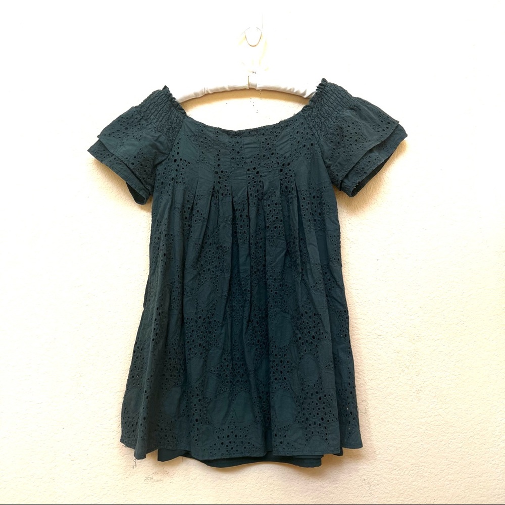 J.O.A. Green Teal Eyelet Off The Shoulder Mini Dress G-20 - Picture 4 of 12